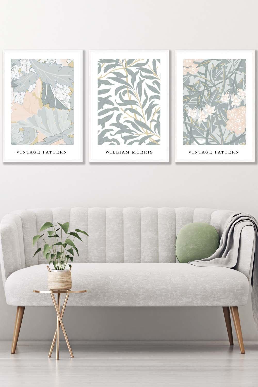 Set of 3 White Framed Sage Green & Peach William Morris Vintage Floral Wall Art
